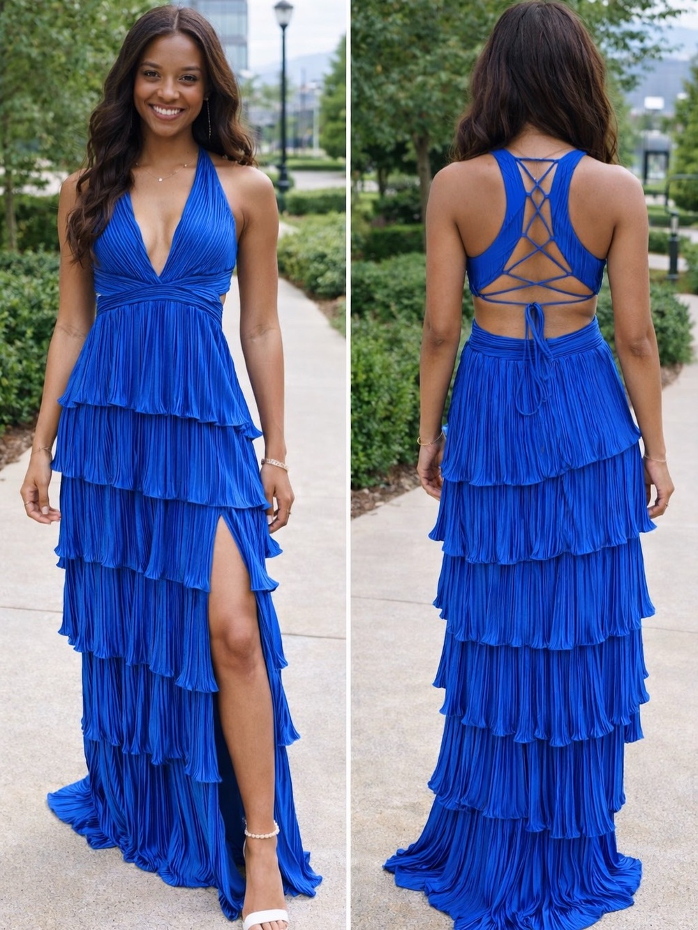 Electric Blue Tiered Halter Maxi Dress - Women